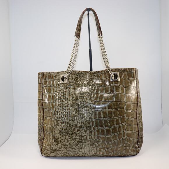 Kate Spade Croc Embossed Patent Leather Chain Shoulder Tote Bag Olive Green - Picture 2 of 6